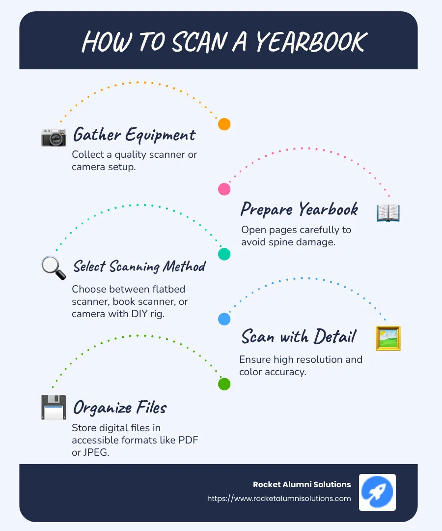 Infographic showing steps on how to scan a yearbook - how to scan a yearbook infographic infographic-line-5-steps-blues-accent_colors