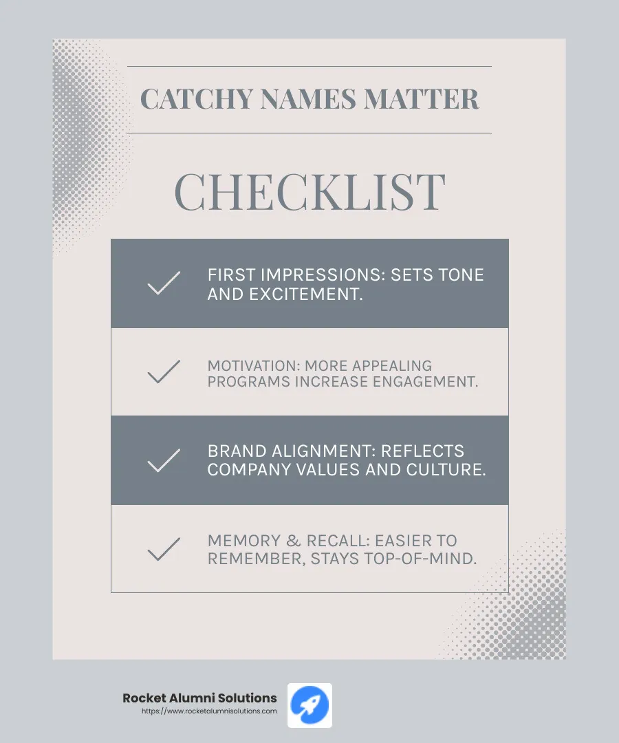 Importance of a catchy name - cool names for employee recognition programs infographic checklist-light-blue-grey