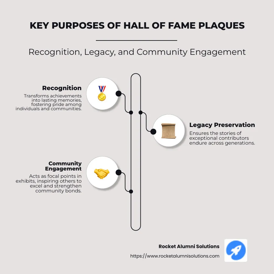 Infographic explaining the key purposes of Hall of Fame Plaques: recognition, legacy preservation, and community engagement, with brief descriptions and examples for each point. - Hall of Fame Plaques infographic infographic-line-3-steps-neatmd5-2f581d64183a0019fba763237931fa1dbeige