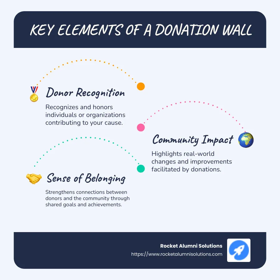 Infographic showing elements of a donation wall: donor names, impact stories, community involvement activities - donation wall infographic infographic-line-3-steps-blues-accent_colors