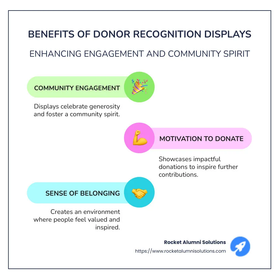Infographic of benefits of donor recognition displays including community engagement, motivation to donate, and a sense of belonging - donor recognition display infographic infographic-line-3-steps-colors