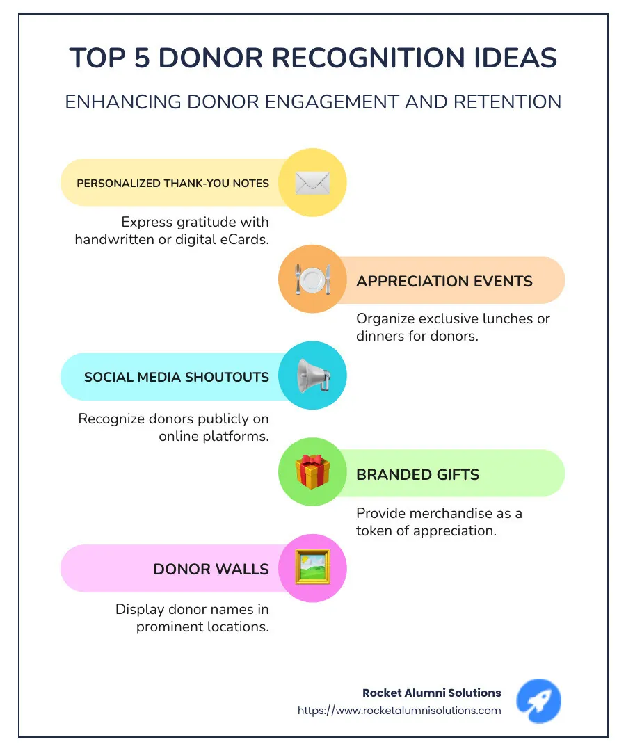 Infographic showing the top 5 donor recognition ideas with icons representing thank-you notes, appreciation events, social media, gifts, and donor walls - donor recognition ideas infographic infographic-line-5-steps-colors