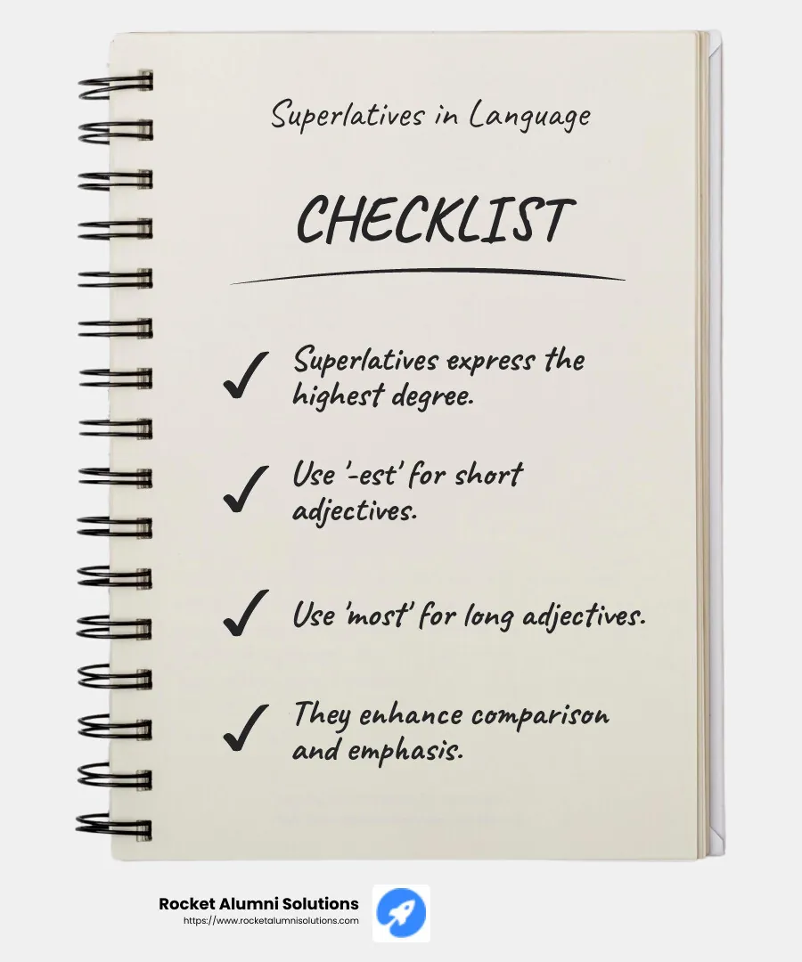 Superlatives emphasize qualities in language - the meaning of superlative infographic checklist-notebook