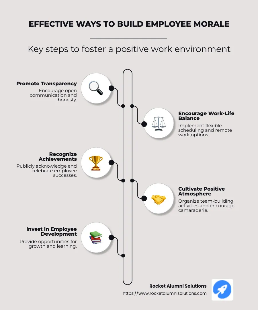 Infographic showing strategies to boost employee morale - ways to build morale infographic infographic-line-5-steps-neat_beige