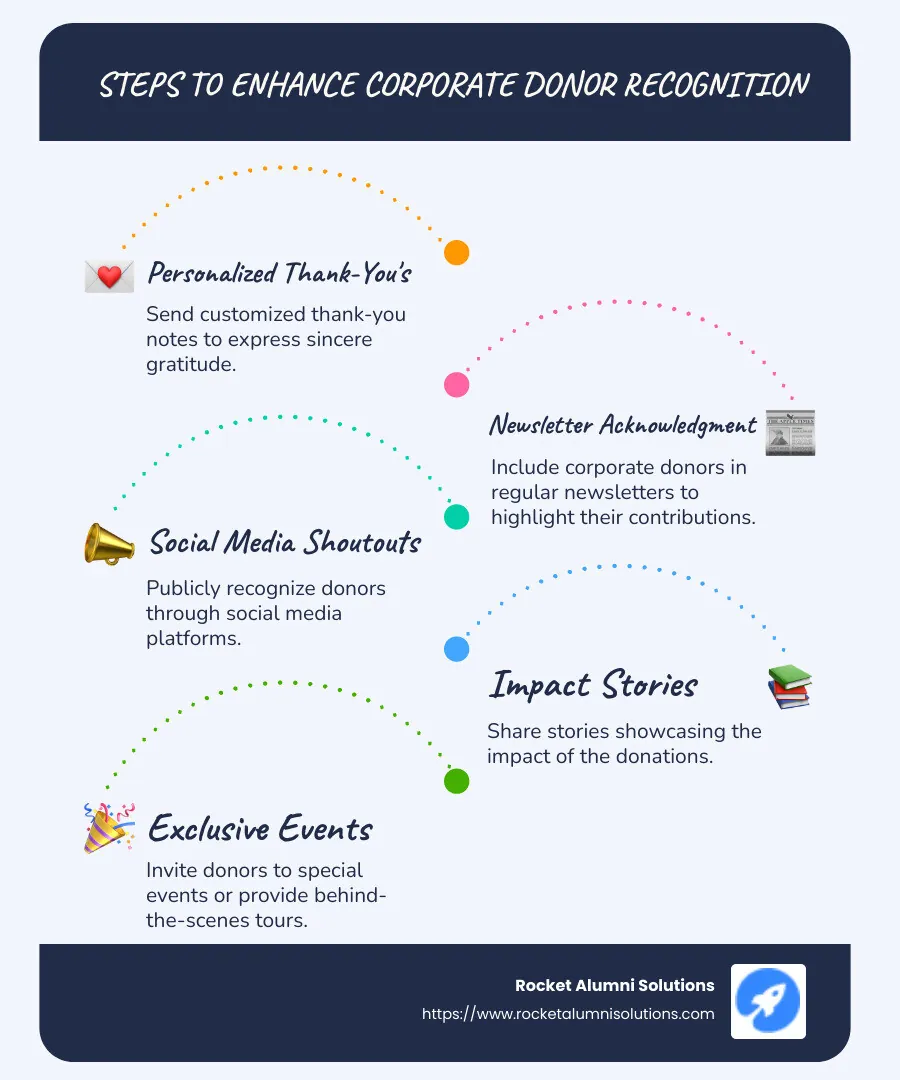 Infographic detailing steps on corporate donor appreciation and retention, such as personalized acknowledgments, impact stories, and regular updates. - corporate donor recognition infographic infographic-line-5-steps-blues-accent_colors