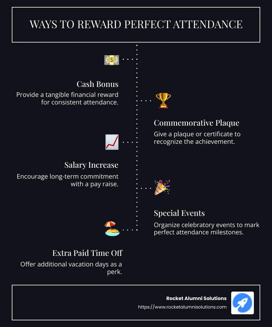 Infographic showing ways to reward perfect attendance: cash bonus, commemorative plaque, salary increase, special events - attendance award for employees infographic infographic-line-5-steps-dark
