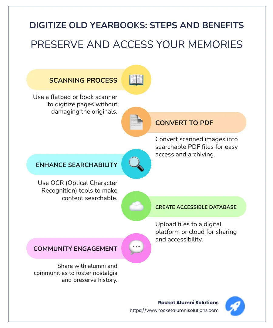 Infographic detailing the steps and benefits of yearbook digitization: scanning process, accessible databases, genealogical research, community engagement, and preservation of history. - digitize old yearbooks infographic infographic-line-5-steps-colors Infographic detailing the steps and benefits of yearbook digitization: scanning process, accessible databases, genealogical research, community engagement, and preservation of history. - digitize old yearbooks infographic infographic-line-5-steps-colors