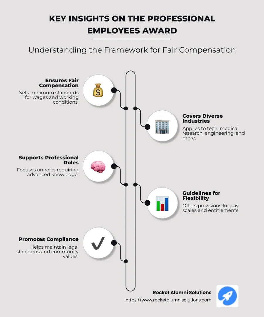 Infographic summarizing professional employees award key insights: ensures fair compensation, covers various industries, informs pay and conditions - professional employees award infographic infographic-line-5-steps-neat_beige