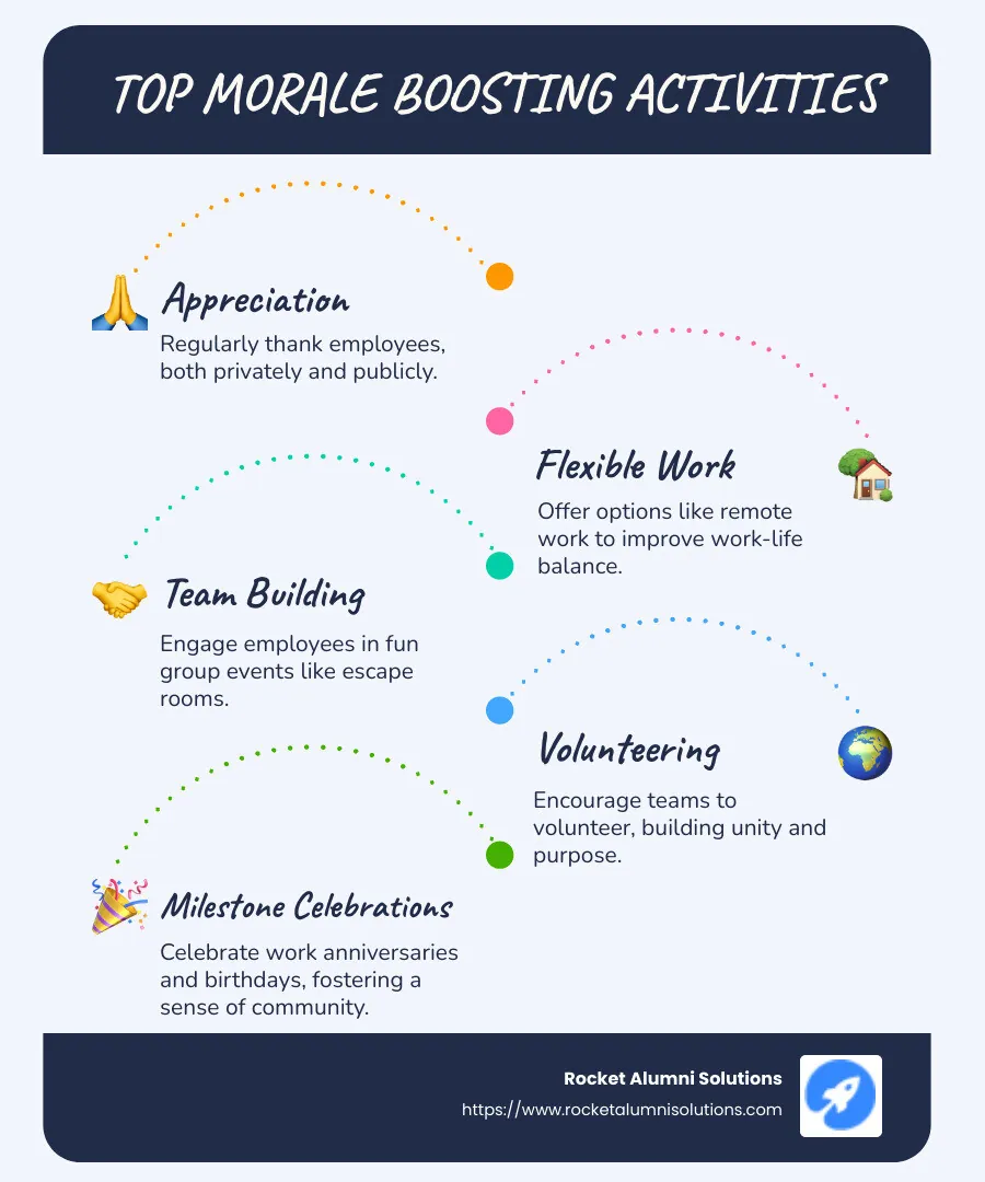 Infographic about boosting employee morale through activities: includes listings of top activities such as public recognition, flexible work arrangements, and team-building events. - morale boosting activities for employees infographic infographic-line-5-steps-blues-accent_colors