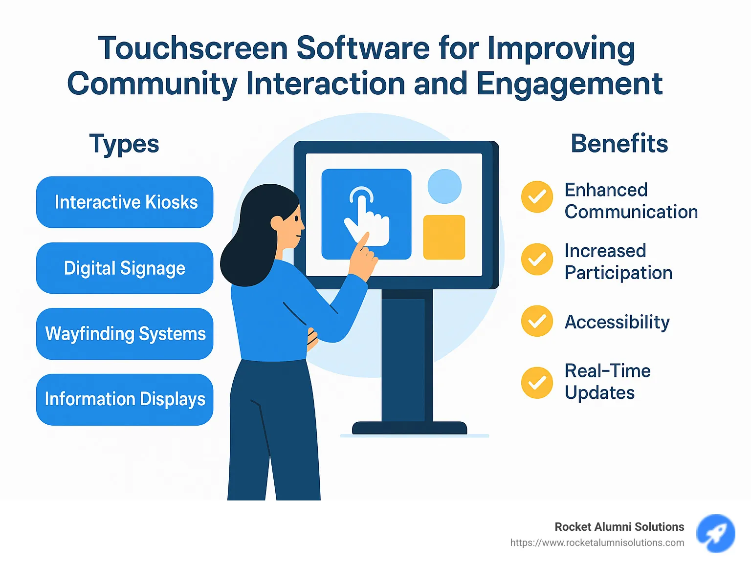 Infographic explaining different types and benefits of Touchscreen Software for improving community interaction and engagement - Touchscreen Software infographic Infographic explaining different types and benefits of Touchscreen Software for improving community interaction and engagement - Touchscreen Software infographic
