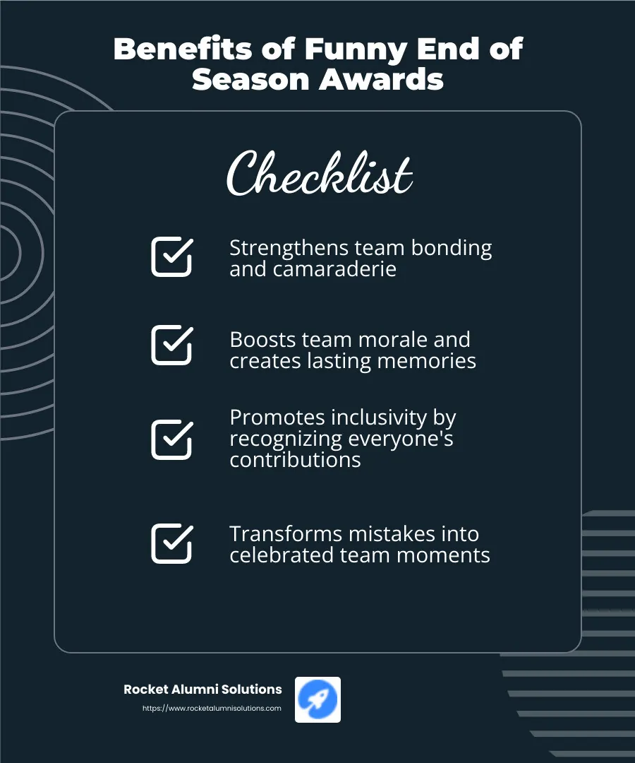 Infographic highlighting top funny awards ideas and their benefits, including improved team bonding, inclusivity, and morale boost - funny end of season award ideas adults sports infographic checklist-dark-blue Infographic highlighting top funny awards ideas and their benefits, including improved team bonding, inclusivity, and morale boost - funny end of season award ideas adults sports infographic checklist-dark-blue