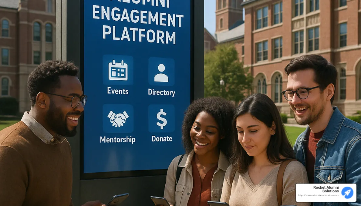 Alumni engagement technology platforms showing interactive displays and mobile integration - alumni engagement solutions