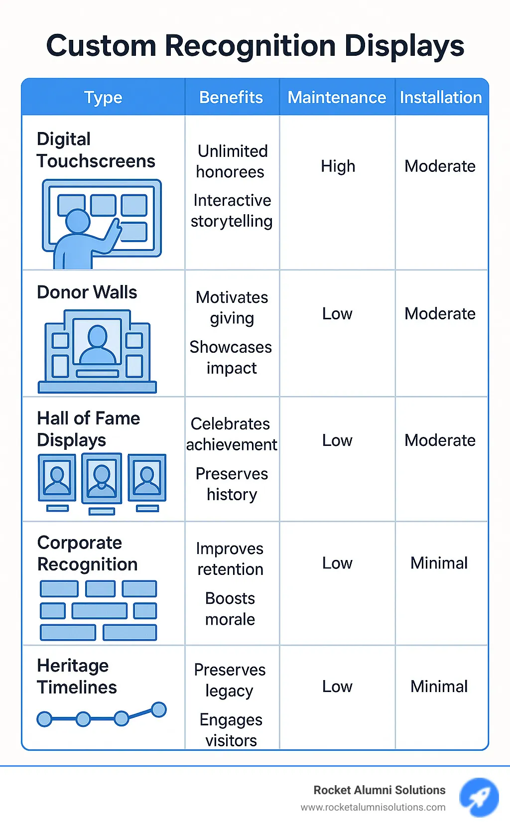 Custom recognition display types showing digital touchscreens, donor walls, hall of fame displays, corporate recognition walls, and heritage timelines with their respective benefits, maintenance requirements, and typical installation timeframes - Custom recognition displays infographic