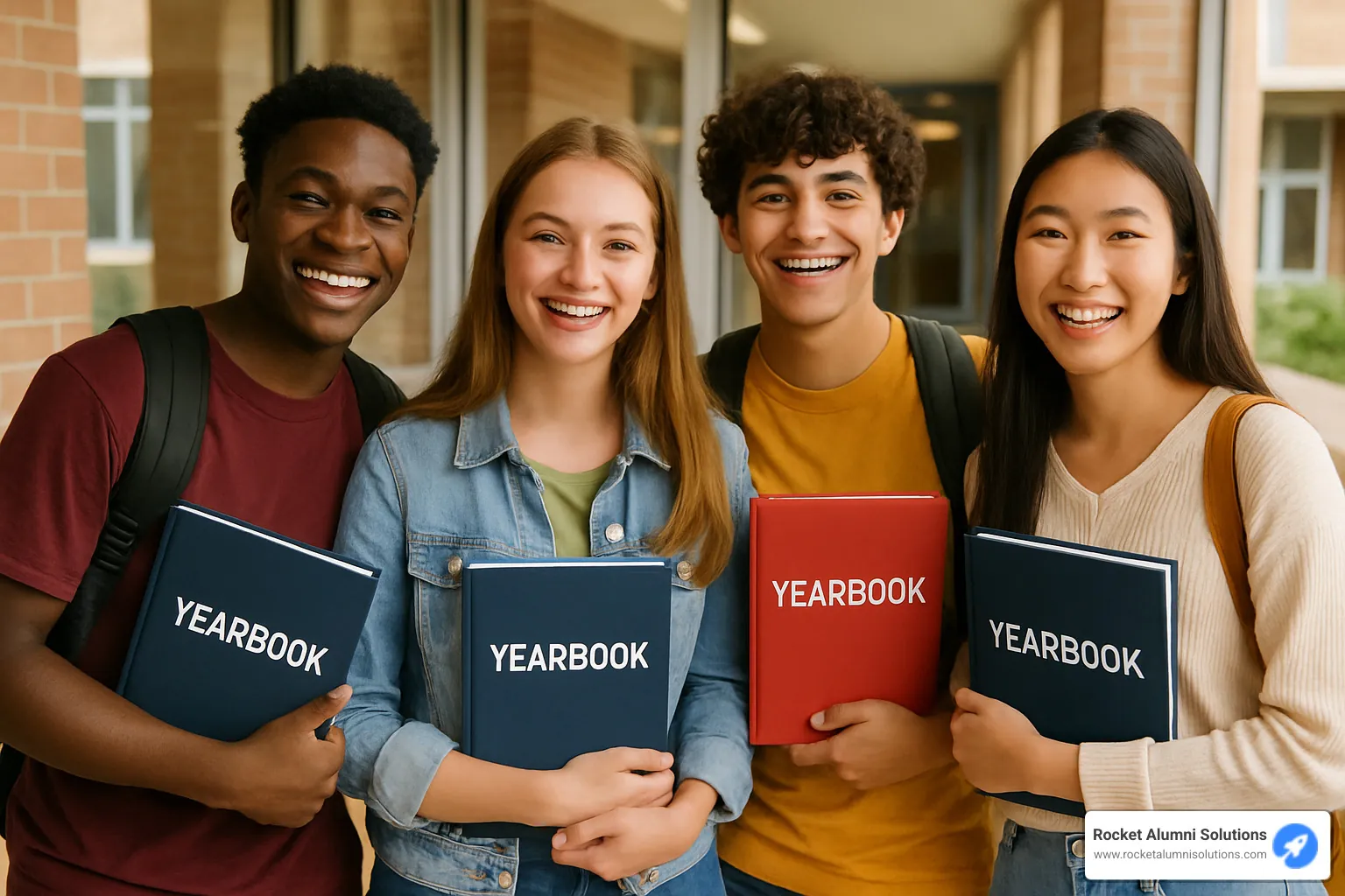 students holding yearbooks and smiling - class superlatives