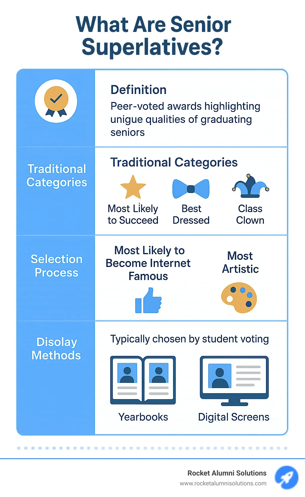 Comprehensive visualization of senior superlatives showing traditional categories, modern examples, selection process, and display methods in yearbooks and digital formats - what are senior superlatives infographic