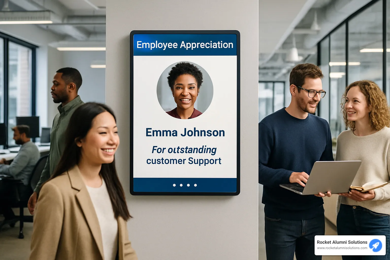 digital recognition display in office environment - employee recognition features