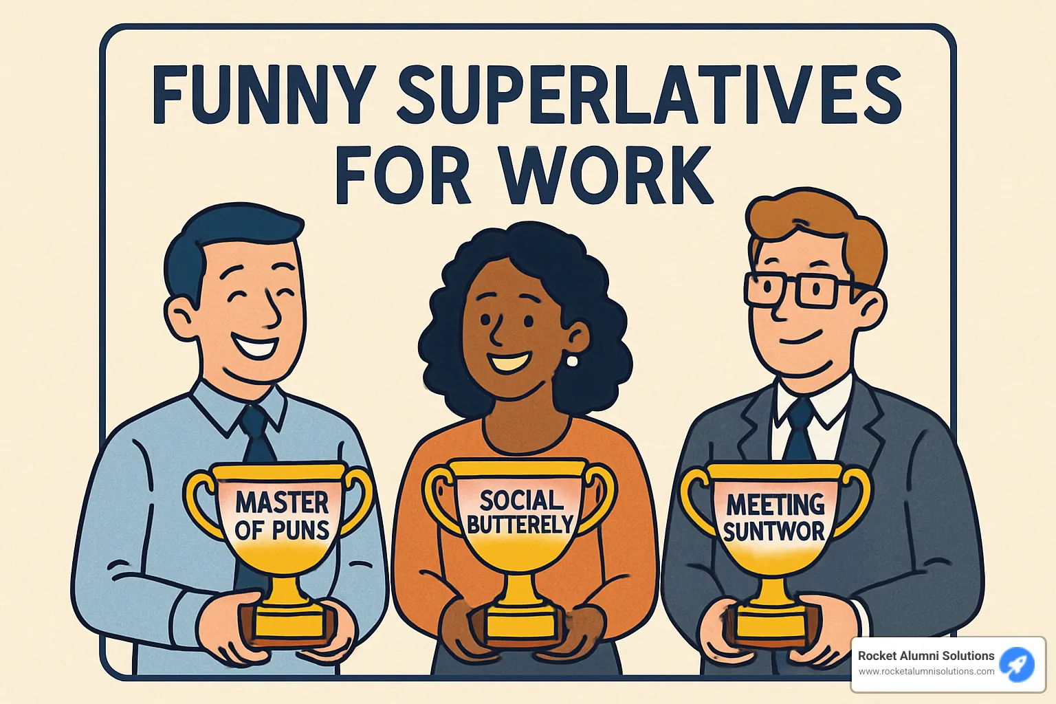 Office workers laughing during award ceremony with funny certificates and trophies - funny superlatives for work Office workers laughing during award ceremony with funny certificates and trophies - funny superlatives for work