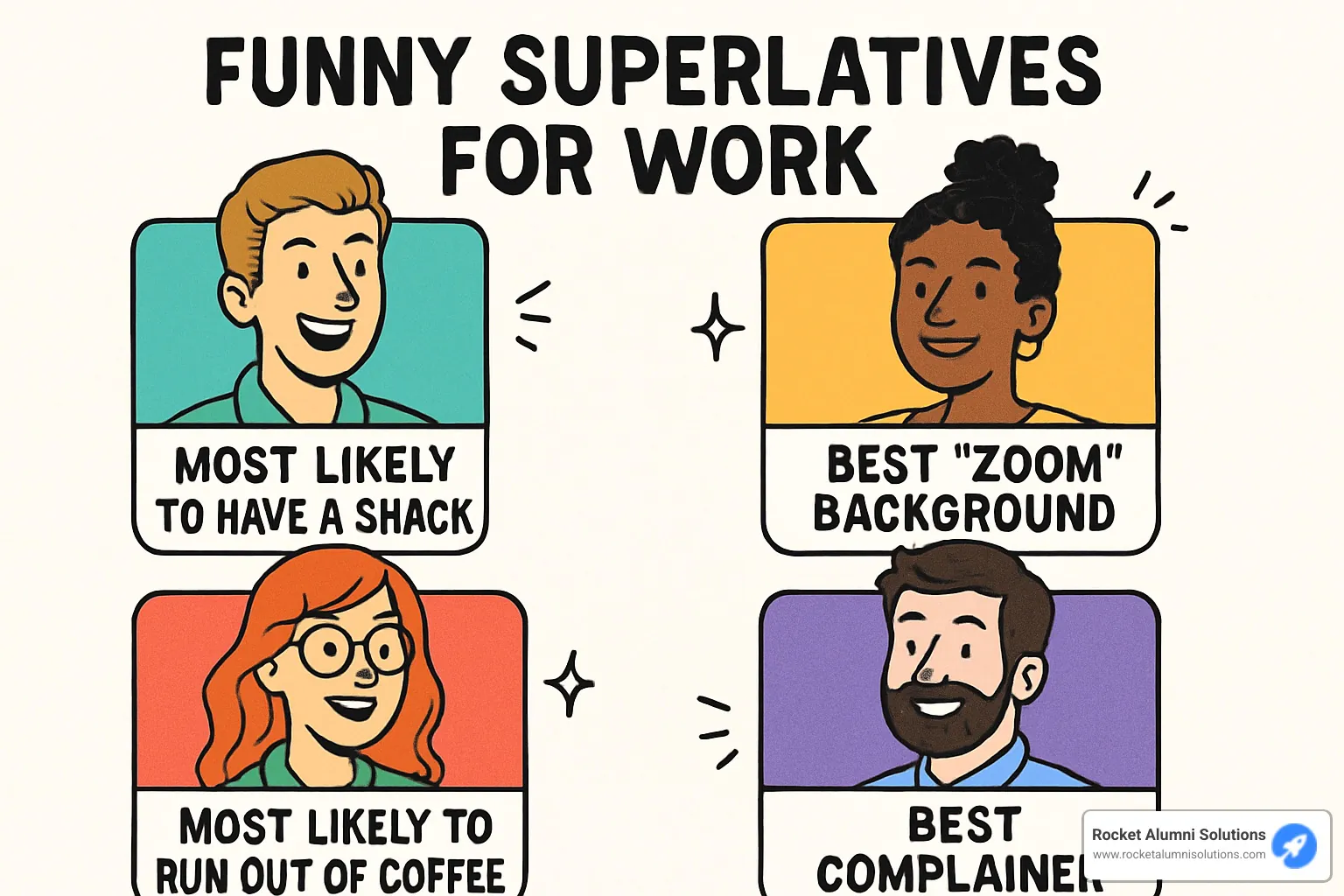 Virtual team celebrating awards via video call with fun backgrounds and props - funny superlatives for work Virtual team celebrating awards via video call with fun backgrounds and props - funny superlatives for work