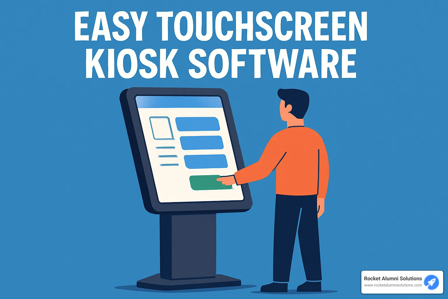 Retail self-service kiosk with customer making a selection on touchscreen display - Easy Touchscreen Kiosk Software Retail self-service kiosk with customer making a selection on touchscreen display - Easy Touchscreen Kiosk Software