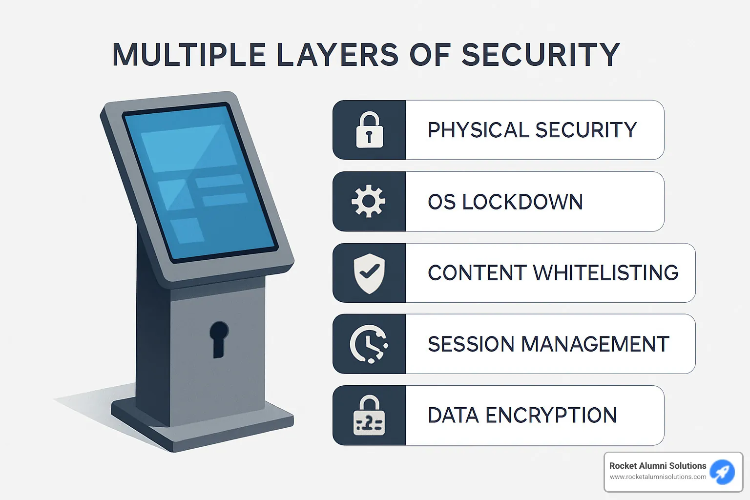 Security diagram showing layers of protection from physical security to data encryption - Easy Touchscreen Kiosk Software Security diagram showing layers of protection from physical security to data encryption - Easy Touchscreen Kiosk Software