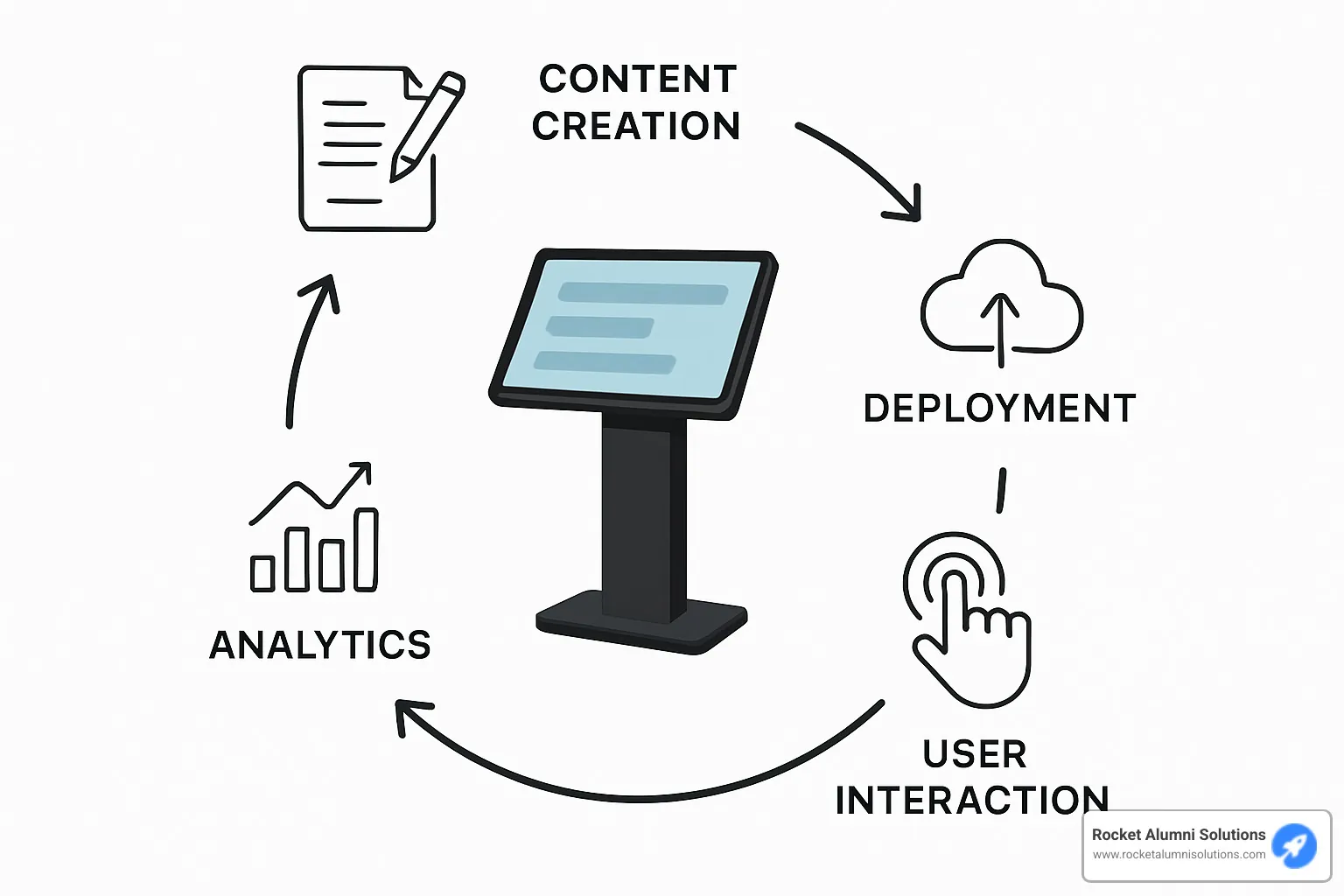 Touchscreen kiosk workflow showing content creation, deployment, user interaction, and analytics in a circular process - Easy Touchscreen Kiosk Software Touchscreen kiosk workflow showing content creation, deployment, user interaction, and analytics in a circular process - Easy Touchscreen Kiosk Software