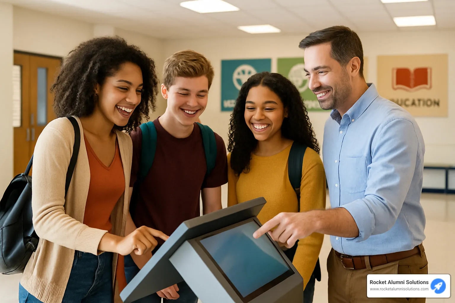Happy users interacting with a touchscreen kiosk in an educational setting - Easy Touchscreen Kiosk Software Happy users interacting with a touchscreen kiosk in an educational setting - Easy Touchscreen Kiosk Software
