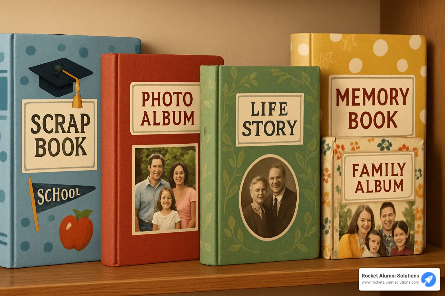 Various types of memory books displayed on a shelf - memory book