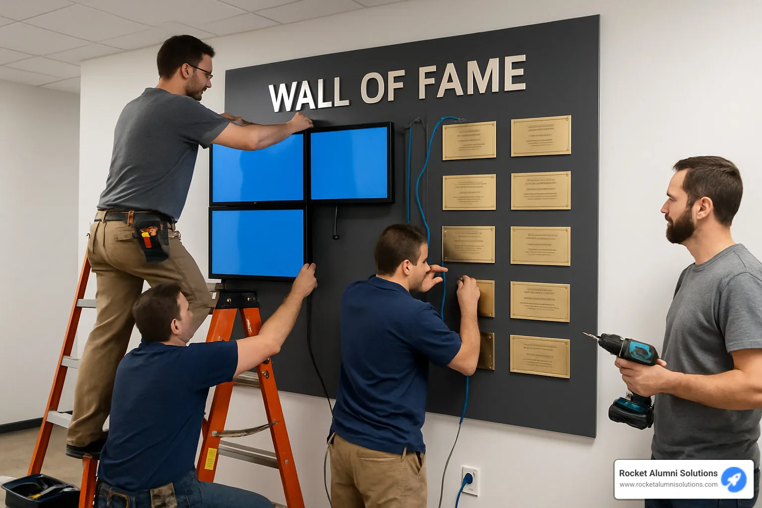 Installation team mounting a hybrid wall of fame display - wall of fame plaques Installation team mounting a hybrid wall of fame display - wall of fame plaques