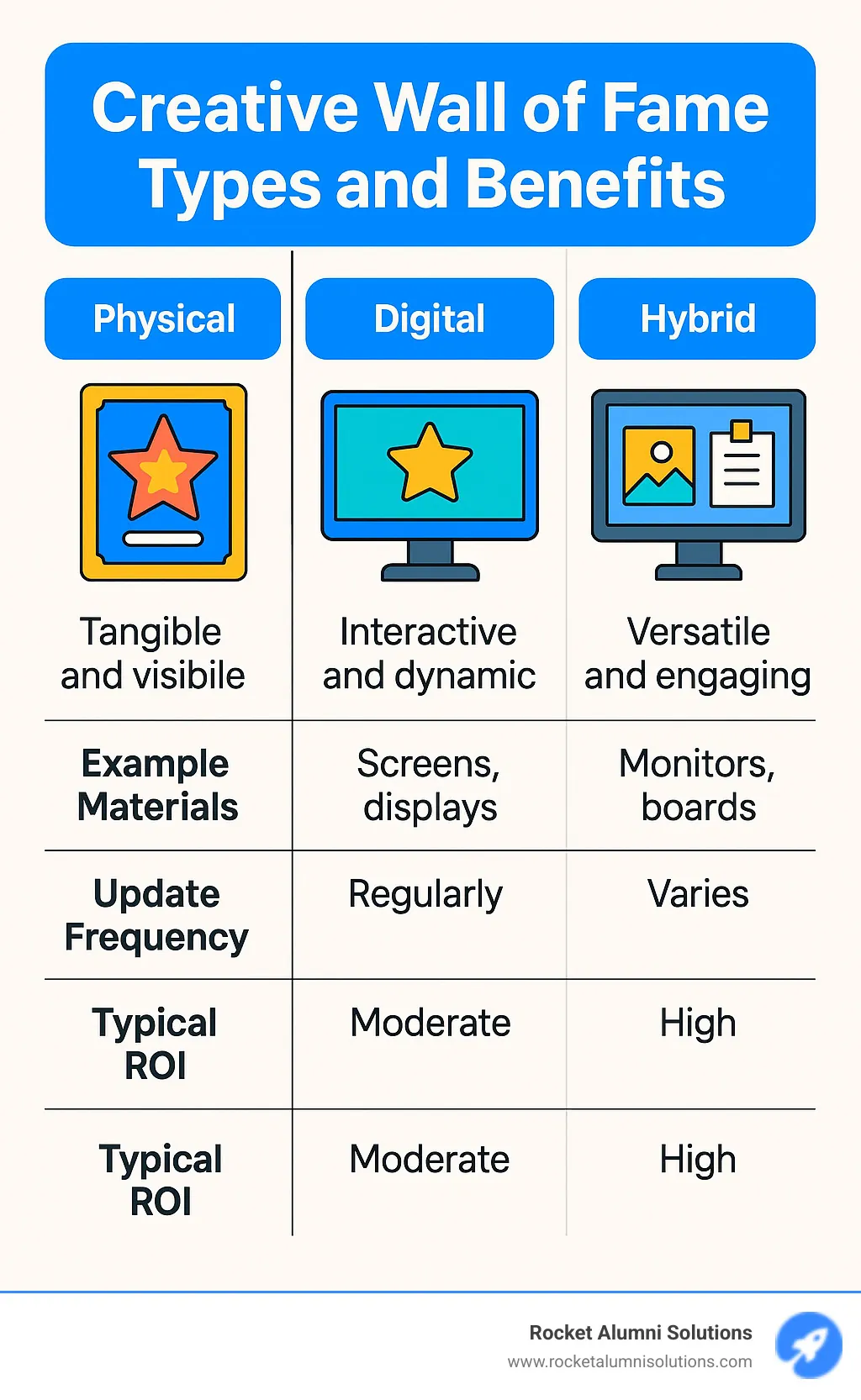 Creative Wall of Fame Types and Benefits showing physical, digital and hybrid options with their respective advantages, example materials, update frequency, and typical ROI metrics - creative wall of fame infographic