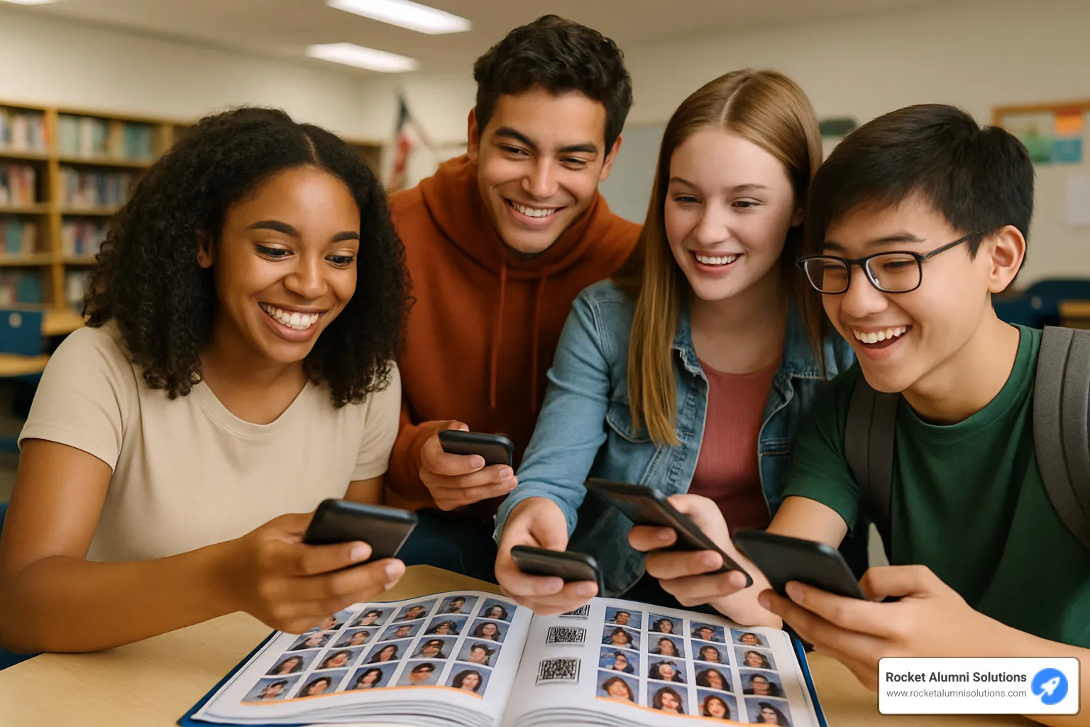 Students scanning QR codes in yearbooks with their smartphones - yearbook QR code