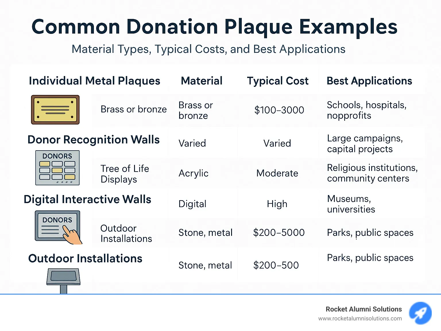 Common donation plaque examples showing material types, typical costs, and best applications for different organizational needs - donation plaque examples infographic