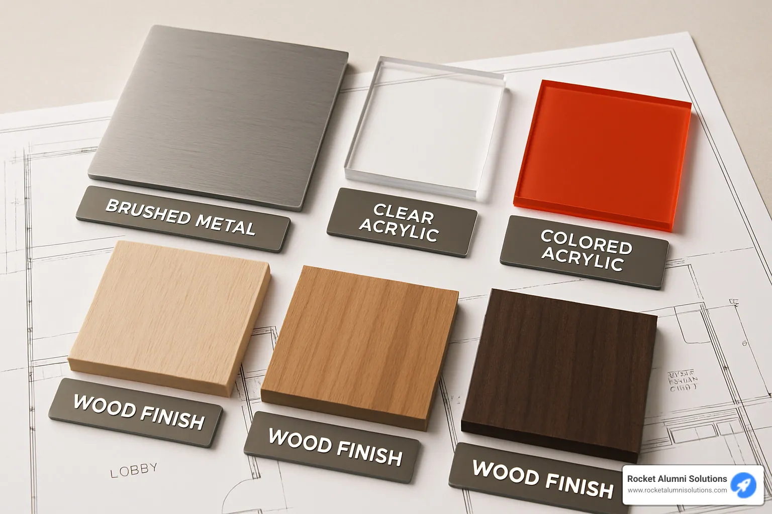 material samples for donor wall design including metals, acrylics, and woods - donor wall signage material samples for donor wall design including metals, acrylics, and woods - donor wall signage
