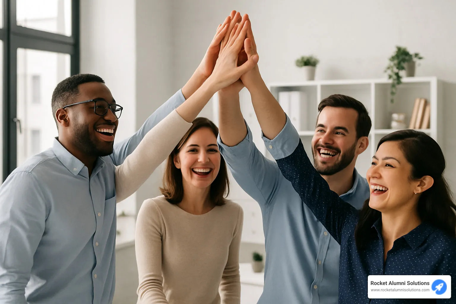 cheerful team high-fiving - appreciation sayings for coworkers