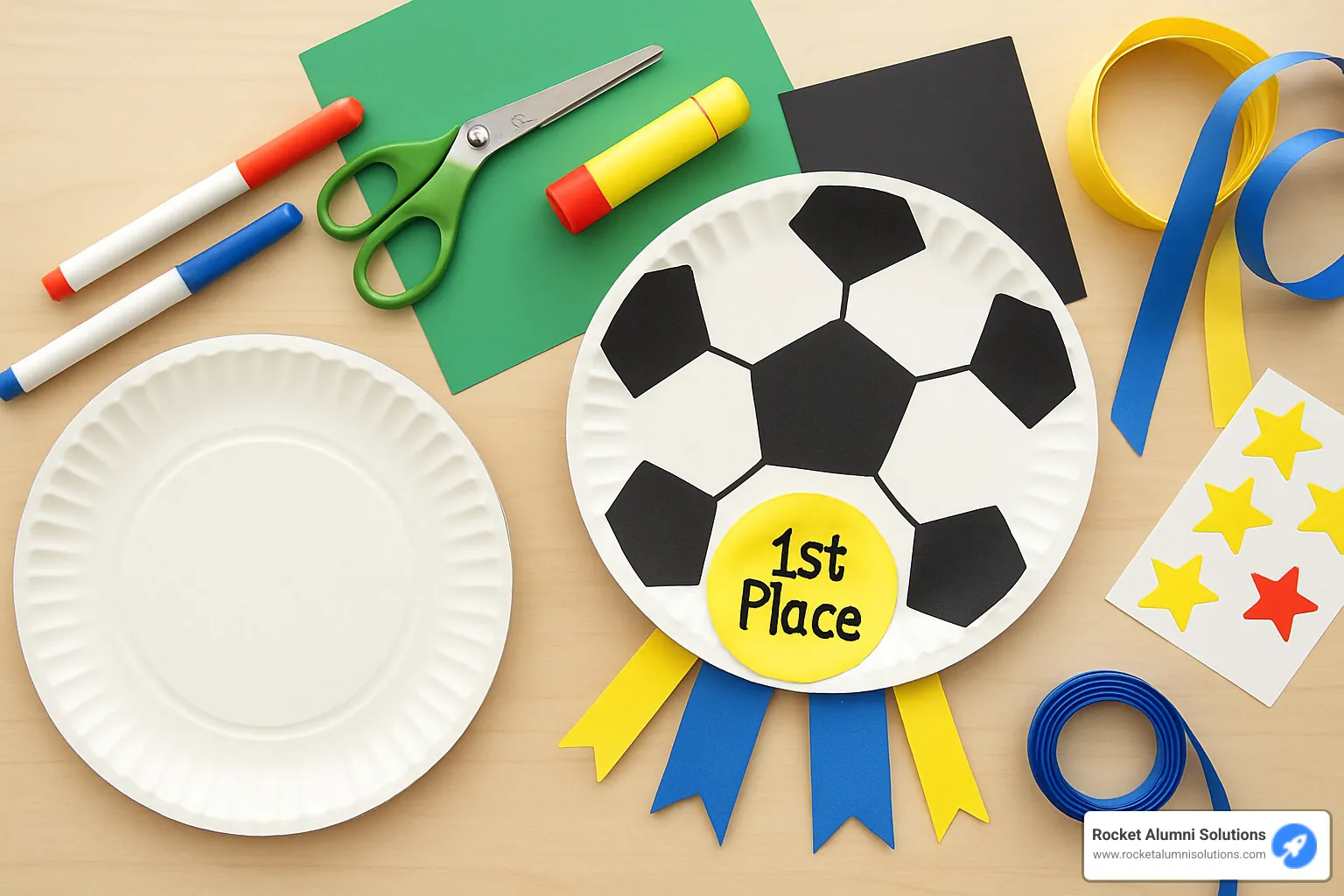 soccer ball paper plate craft showing materials and finished product - paper plate award ideas for soccer