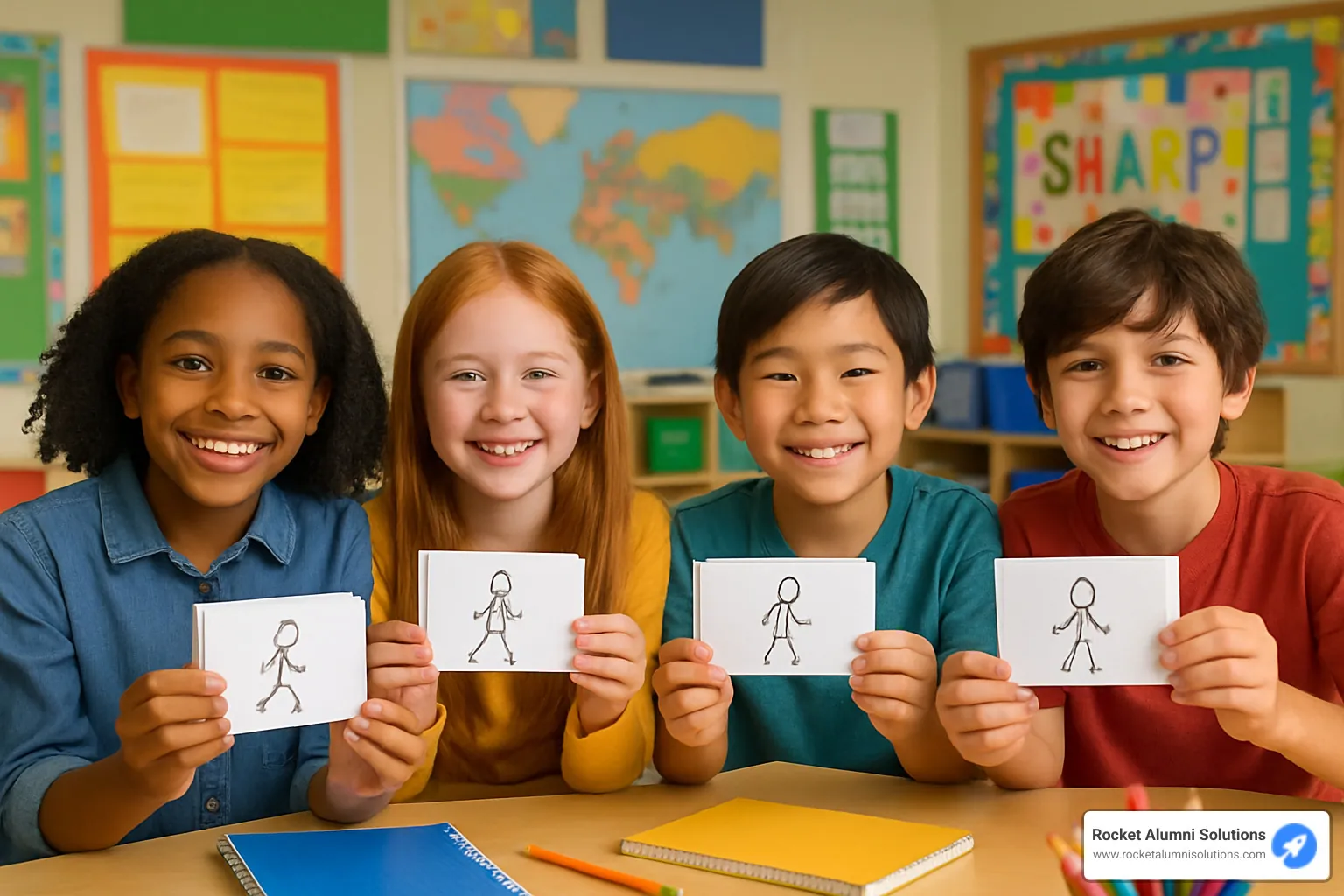 students sharing flip books in classroom setting - flip book stick figure