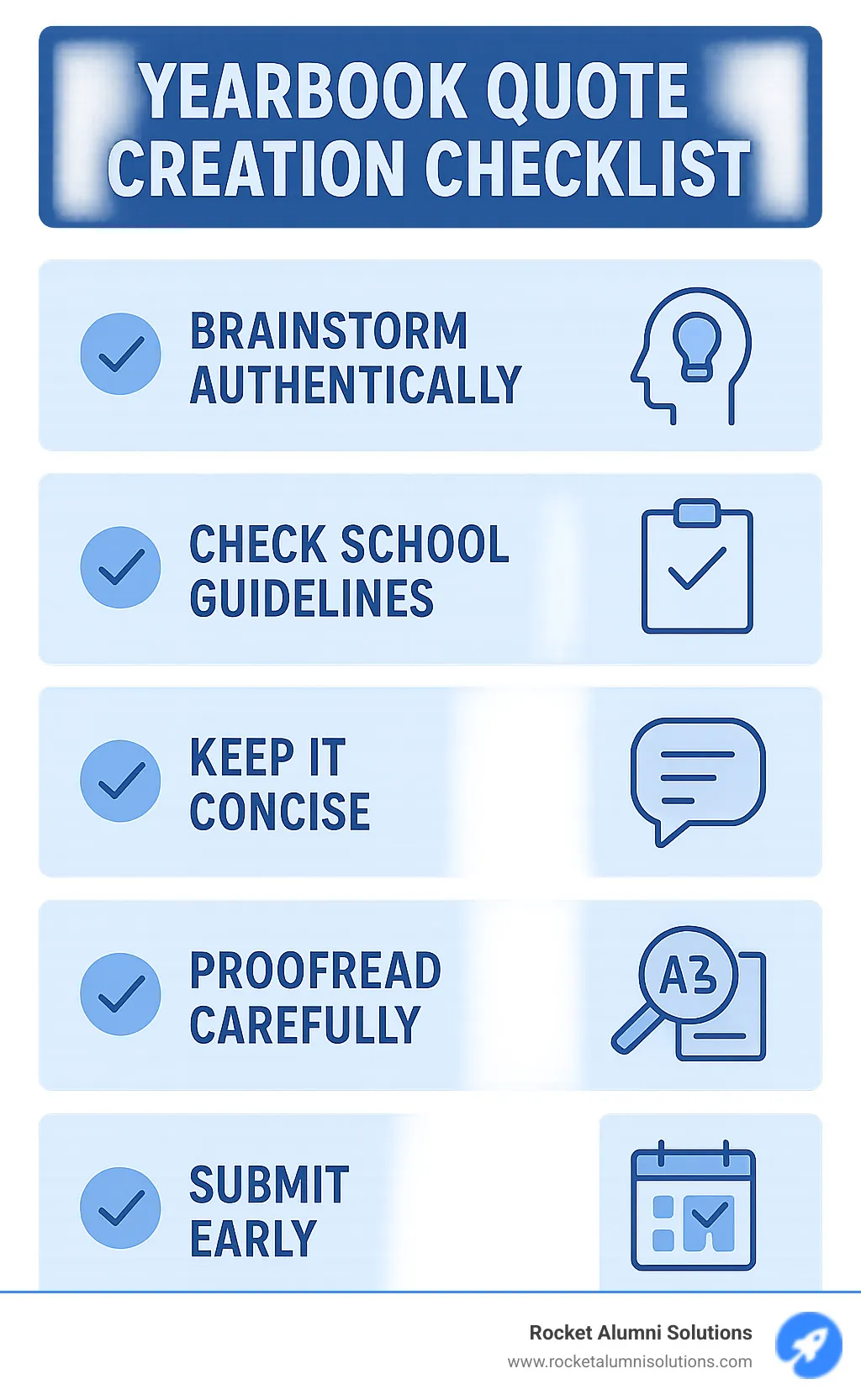 Infographic summarizing the yearbook quote creation checklist with steps like brainstorm authentically, check school guidelines, keep it concise, proofread carefully, and submit early - funny original yearbook quotes infographic