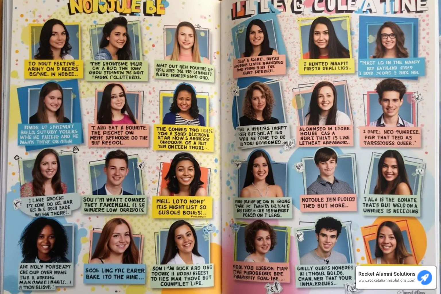 A yearbook page layout showing multiple hilarious quotes with student photos, demonstrating various humor styles - funny original yearbook quotes