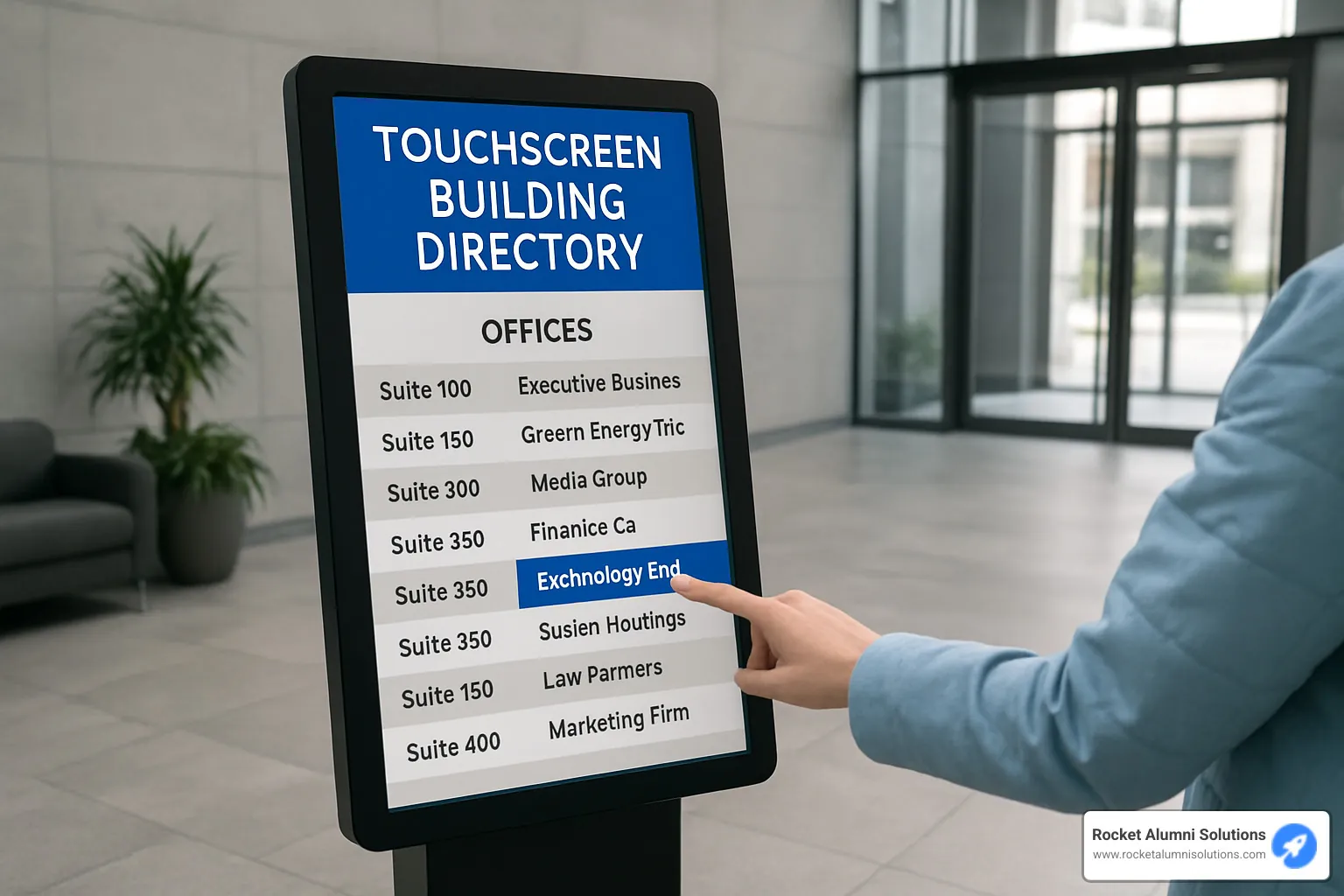 kiosk interface showing multiple features like directory, map, and events - Touchscreen Building DirectoryKiosk kiosk interface showing multiple features like directory, map, and events - Touchscreen Building DirectoryKiosk