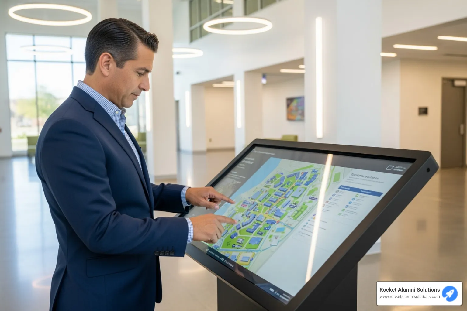 User interacting with campus map on touchscreen kiosk - Directory Touchscreen User interacting with campus map on touchscreen kiosk - Directory Touchscreen