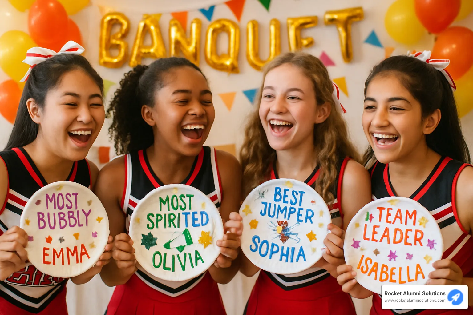 cheer team laughing with paper plate awards - paper plate award ideas for cheerleading