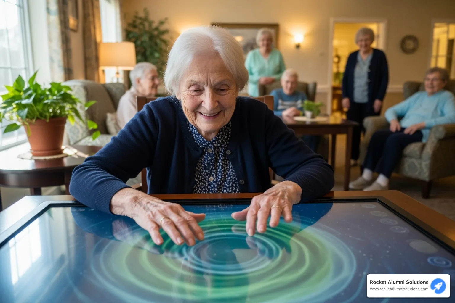 Resident with dementia smiling while interacting with a sensory app on a touchscreen table - Assisted Living Touchscreen Resident with dementia smiling while interacting with a sensory app on a touchscreen table - Assisted Living Touchscreen