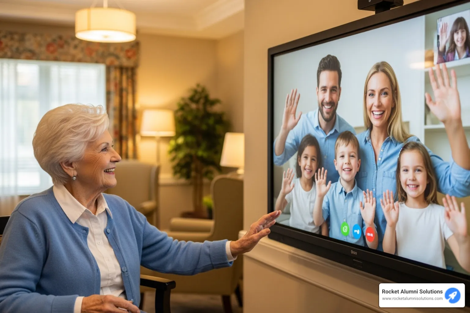 Family video-calling with a resident using a large touchscreen - Assisted Living Touchscreen Family video-calling with a resident using a large touchscreen - Assisted Living Touchscreen