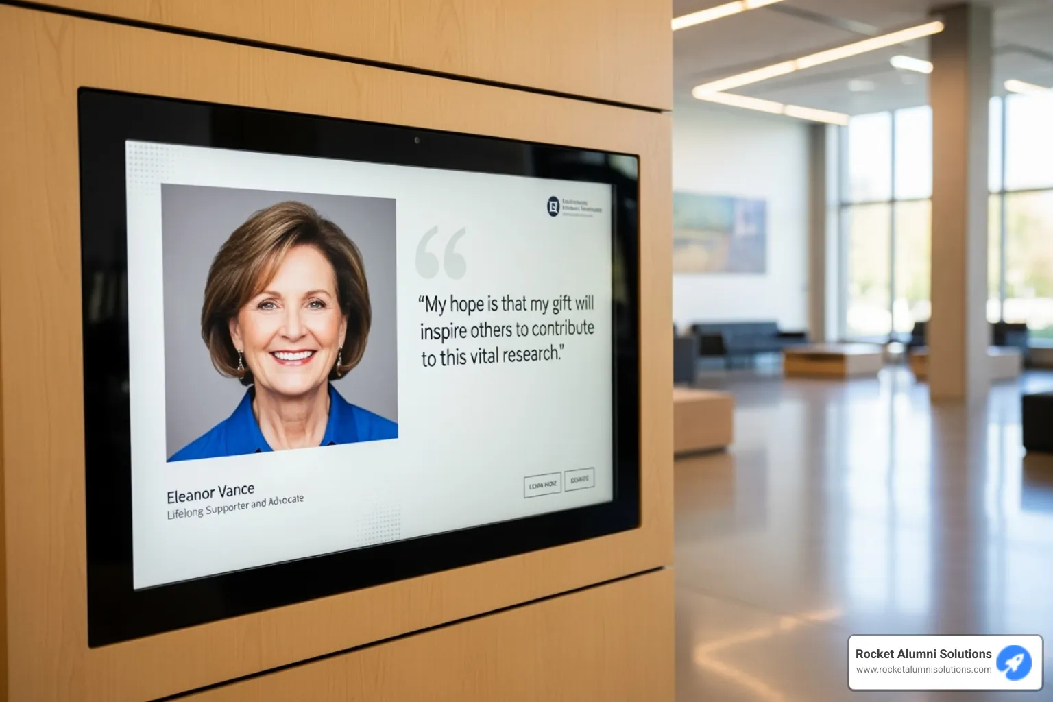 Image of an interactive touchscreen showing a donor's personal story - Digital Donor Walls Image of an interactive touchscreen showing a donor's personal story - Digital Donor Walls