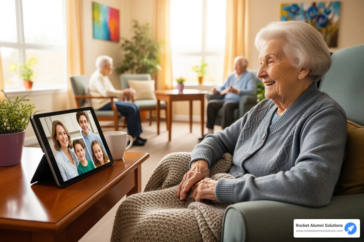 A resident video-chatting with family on a touchscreen tablet - Assisted Living and Nursing Home Touchscreen A resident video-chatting with family on a touchscreen tablet - Assisted Living and Nursing Home Touchscreen