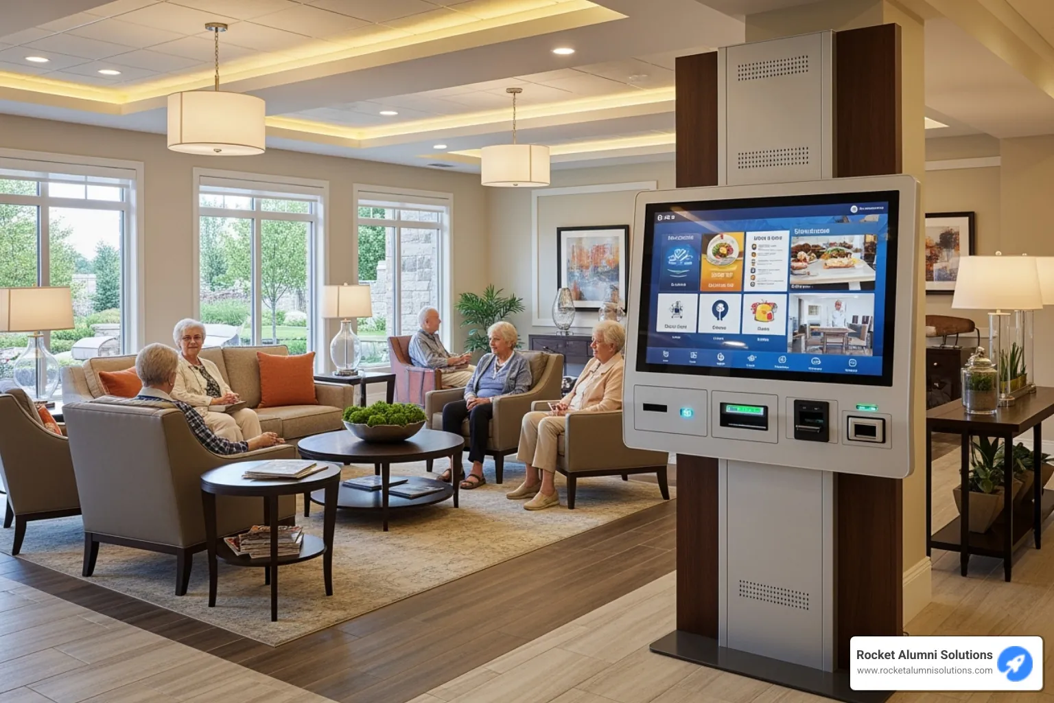 A modern, sleek touchscreen kiosk in a welcoming community lobby - Assisted Living and Nursing Home Touchscreen A modern, sleek touchscreen kiosk in a welcoming community lobby - Assisted Living and Nursing Home Touchscreen