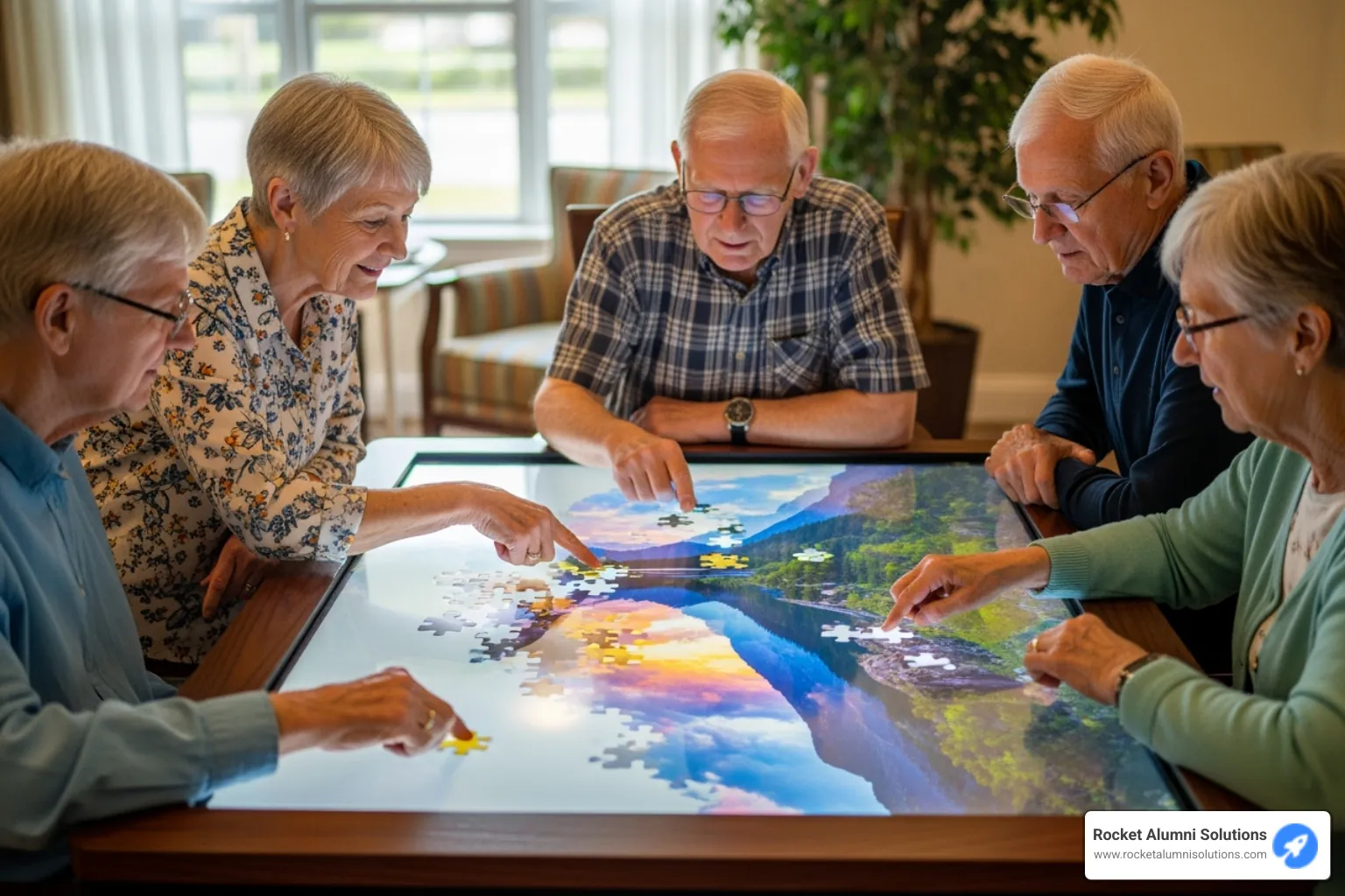 Seniors collaboratively solving a puzzle on an interactive table - Assisted Living and Nursing Home Touchscreen Seniors collaboratively solving a puzzle on an interactive table - Assisted Living and Nursing Home Touchscreen