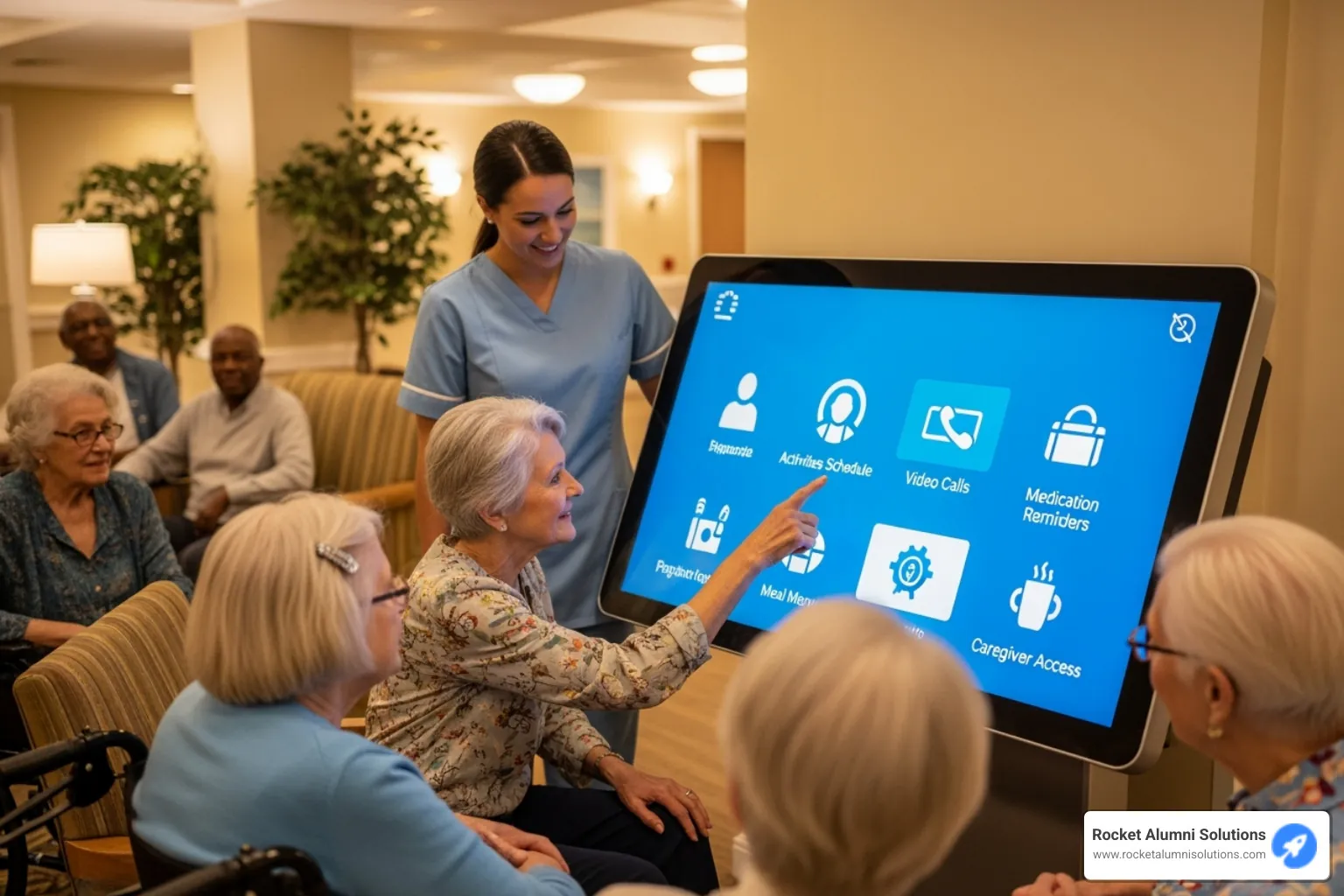 Showcasing different types of touchscreens: a large wall-mounted display, a mobile cart, and an interactive table - Assisted Living and Nursing Home Touchscreen Showcasing different types of touchscreens: a large wall-mounted display, a mobile cart, and an interactive table - Assisted Living and Nursing Home Touchscreen