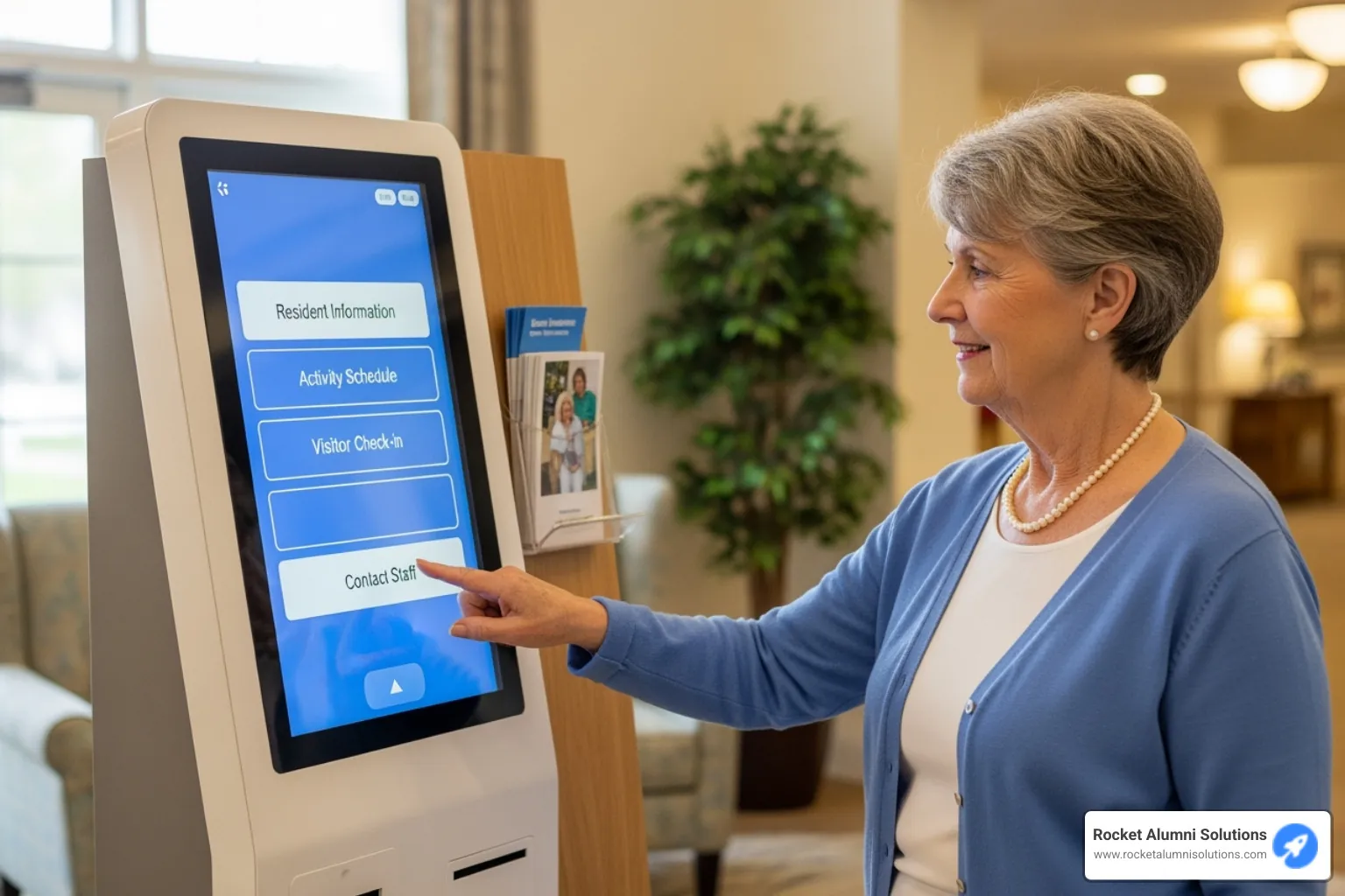 key ADA compliance features on a nursing home kiosk, such as adjustable height and high-contrast screen display - Nursing Home Kiosk