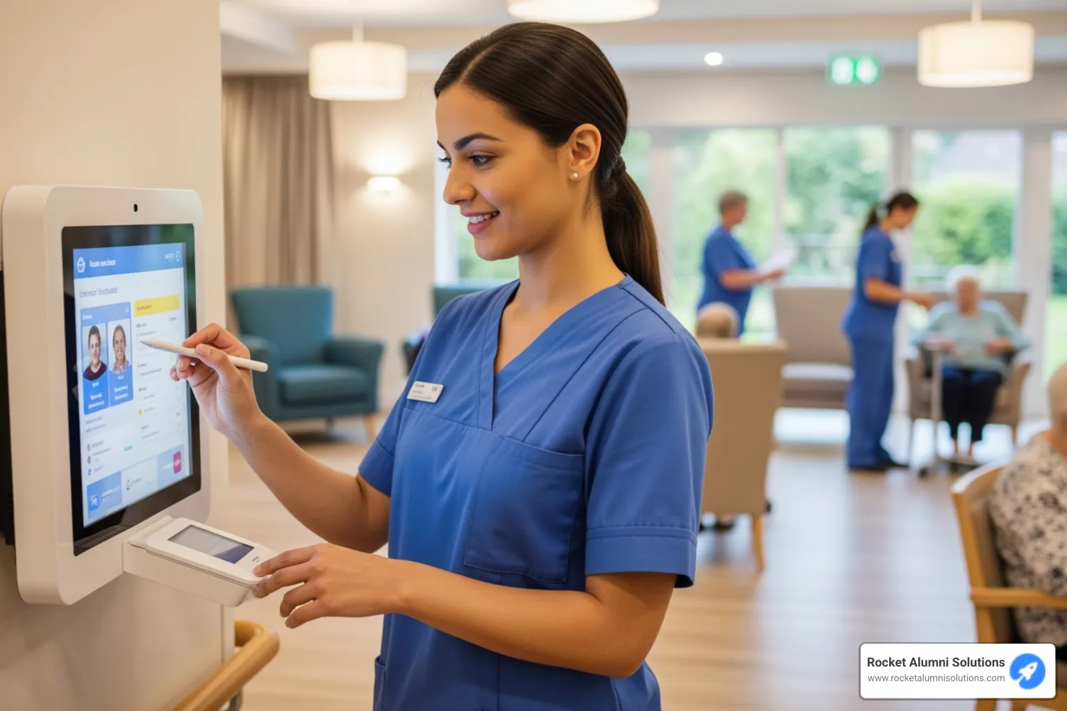 nurse efficiently updating resident information on a wall-mounted touchscreen kiosk - Nursing Home Kiosk