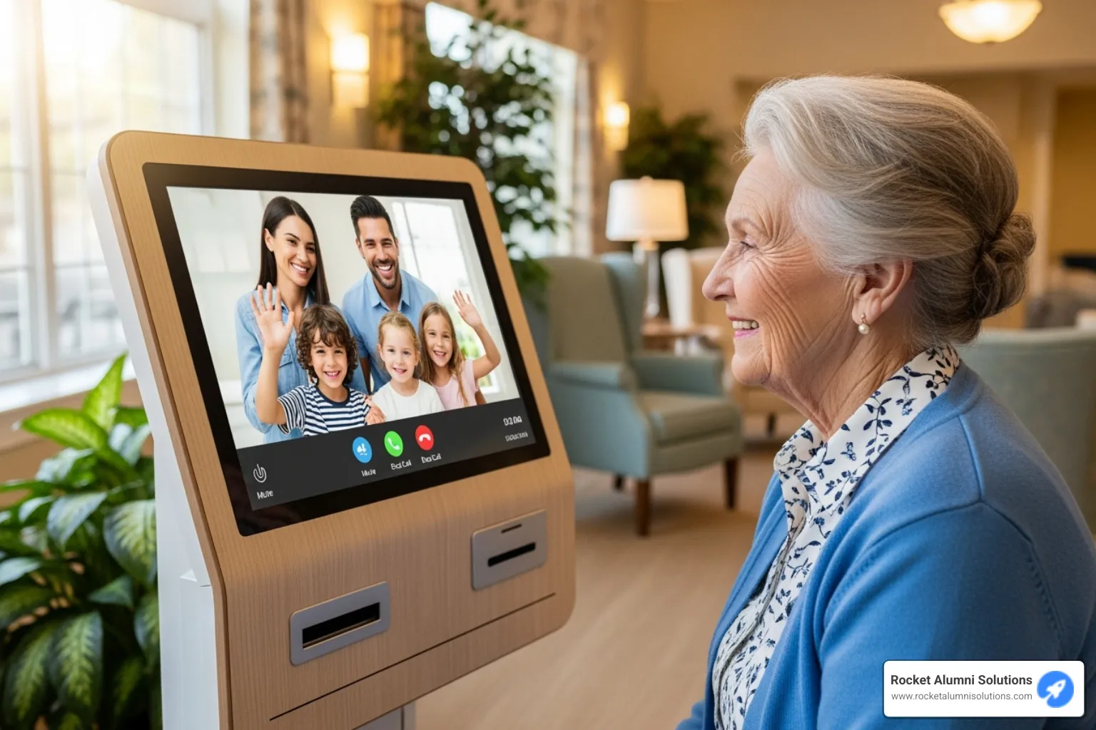 smiling senior resident video-chatting with family using a large, accessible kiosk - Nursing Home Kiosk